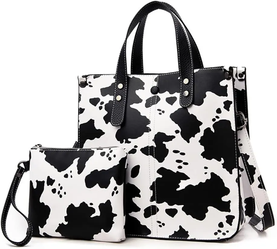 Chikencall Women 2Pcs Handbag and Purses Leopard Zebra Cows Deer Print Pattern Tote Leather Shoulder Satchel
