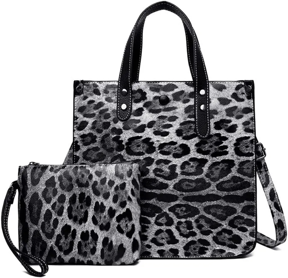 Chikencall Women 2Pcs Handbag and Purses Leopard Zebra Cows Deer Print Pattern Tote Leather Shoulder Satchel