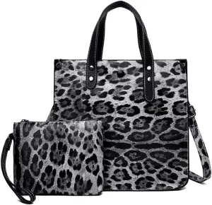 Chikencall Women 2Pcs Handbag and Purses Leopard Zebra Cows Deer Print Pattern Tote Leather Shoulder Satchel
