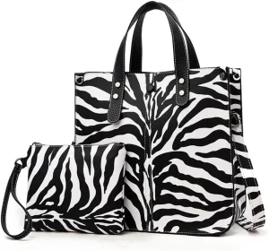 Chikencall Women 2Pcs Handbag and Purses Leopard Zebra Cows Deer Print Pattern Tote Leather Shoulder Satchel