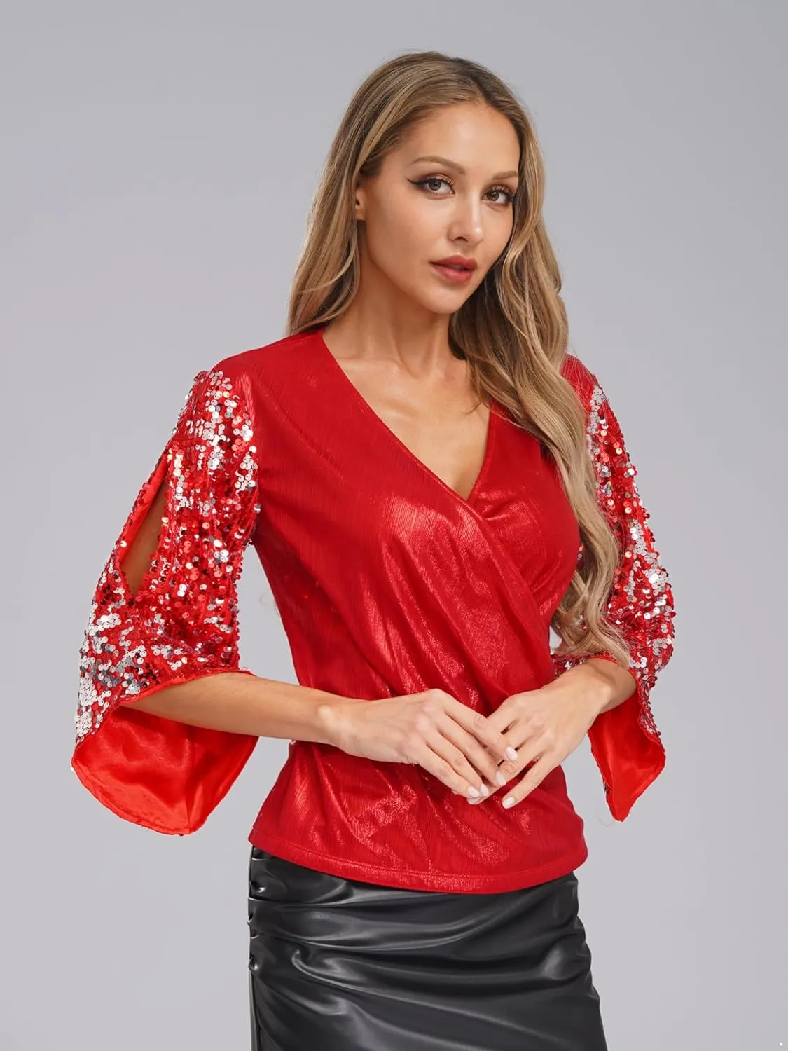 Choomomo Womens Sequin 3/4 Sleeve Blouse Party Glitter Ruched Tops V Neck Dressy Sparkly Outfits