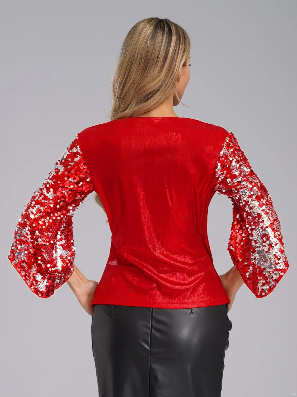 Choomomo Womens Sequin 3/4 Sleeve Blouse Party Glitter Ruched Tops V Neck Dressy Sparkly Outfits