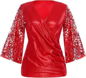 Choomomo Womens Sequin 3/4 Sleeve Blouse Party Glitter Ruched Tops V Neck Dressy Sparkly Outfits
