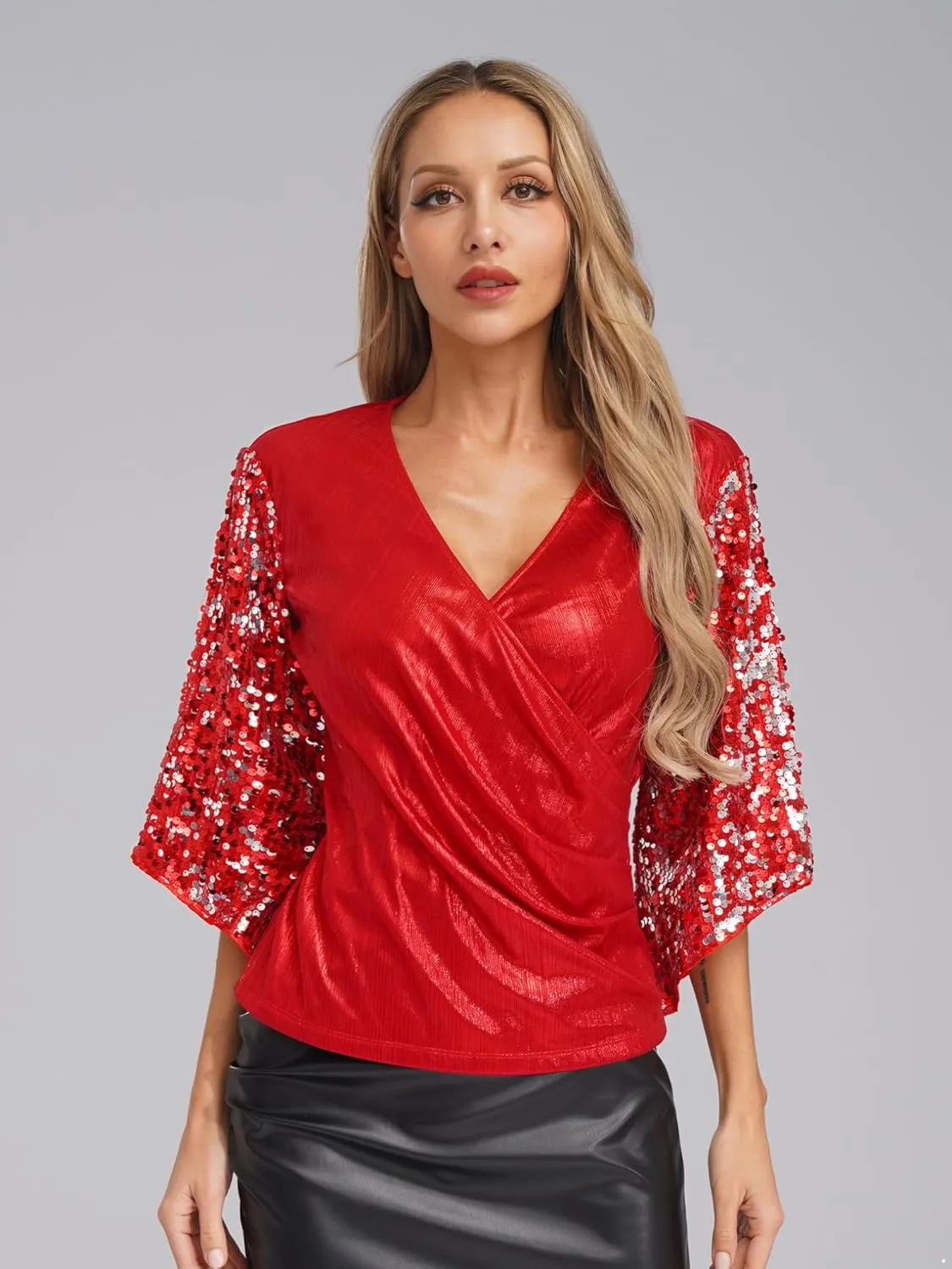 Choomomo Womens Sequin 3/4 Sleeve Blouse Party Glitter Ruched Tops V Neck Dressy Sparkly Outfits