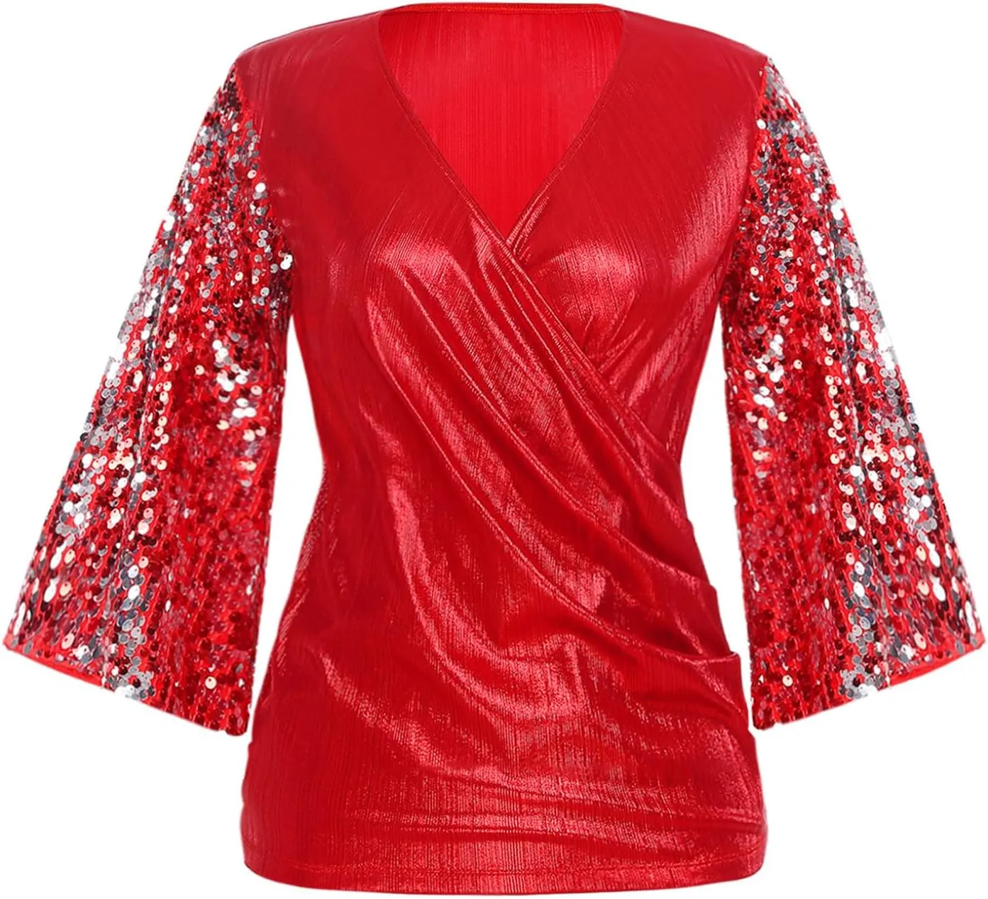 Choomomo Womens Sequin 3/4 Sleeve Blouse Party Glitter Ruched Tops V Neck Dressy Sparkly Outfits