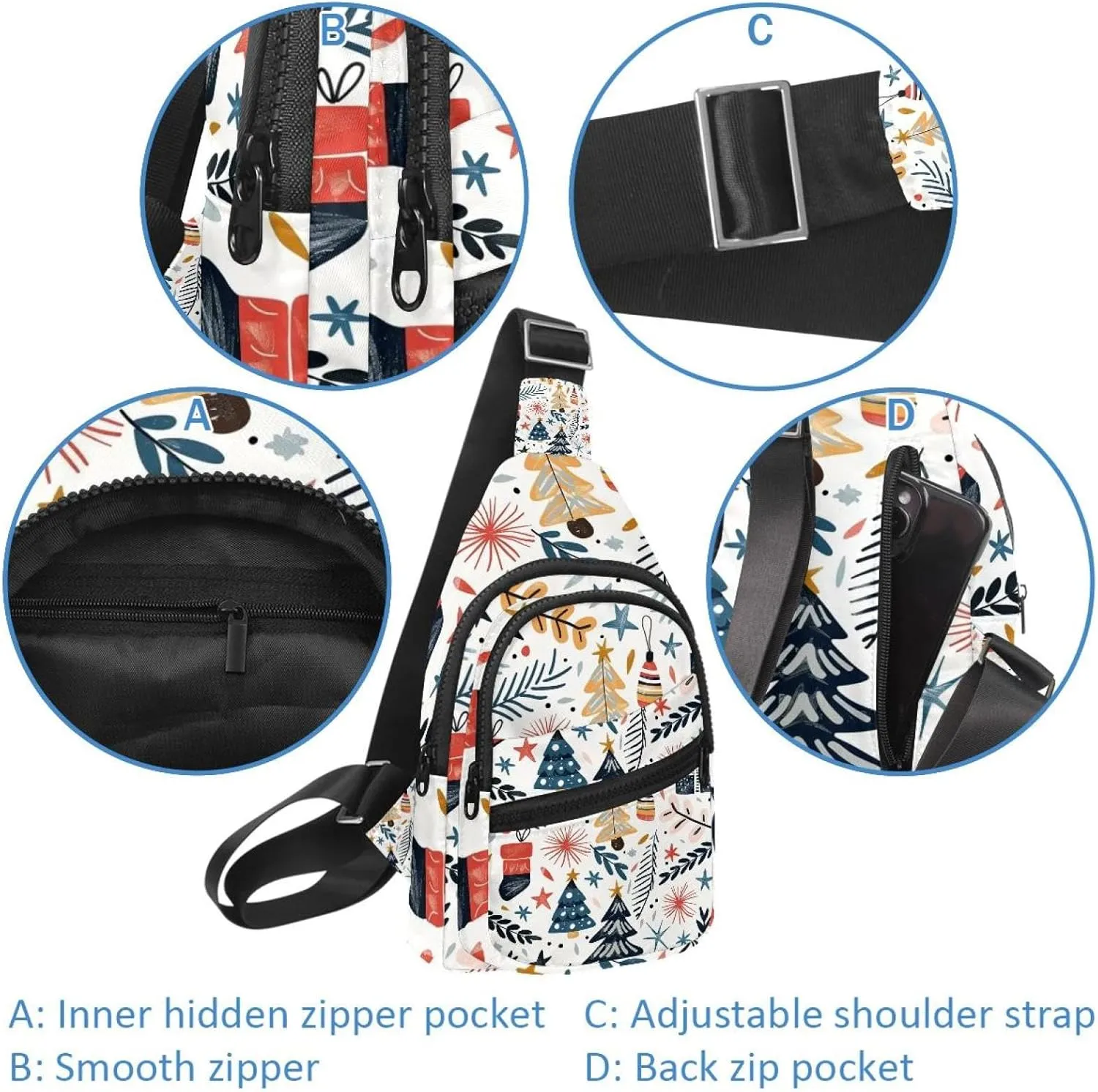 Christmas Tree Gifts Garlands Stars Twigs and Leaves Sling Bag, Crossbody Sling Backpack Travel Hiking Chest Bag Daypack for Purses Shoulder Bag Women Men's