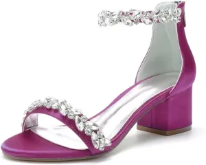 Chunky Heel Wedding Sandals Open Toe Low Block Heels Rhinestones Women Heeled Sandal