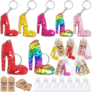 CiciBear 60 Pack Double-Deck High Heel Sequin Keychain Set with 20 Keychains, 20 Thank You Tags and 20 Bags for Engagement, Girls Makeup Party, High Heel Shoe Party, Bachelor, Baby Shower, 5 Colors