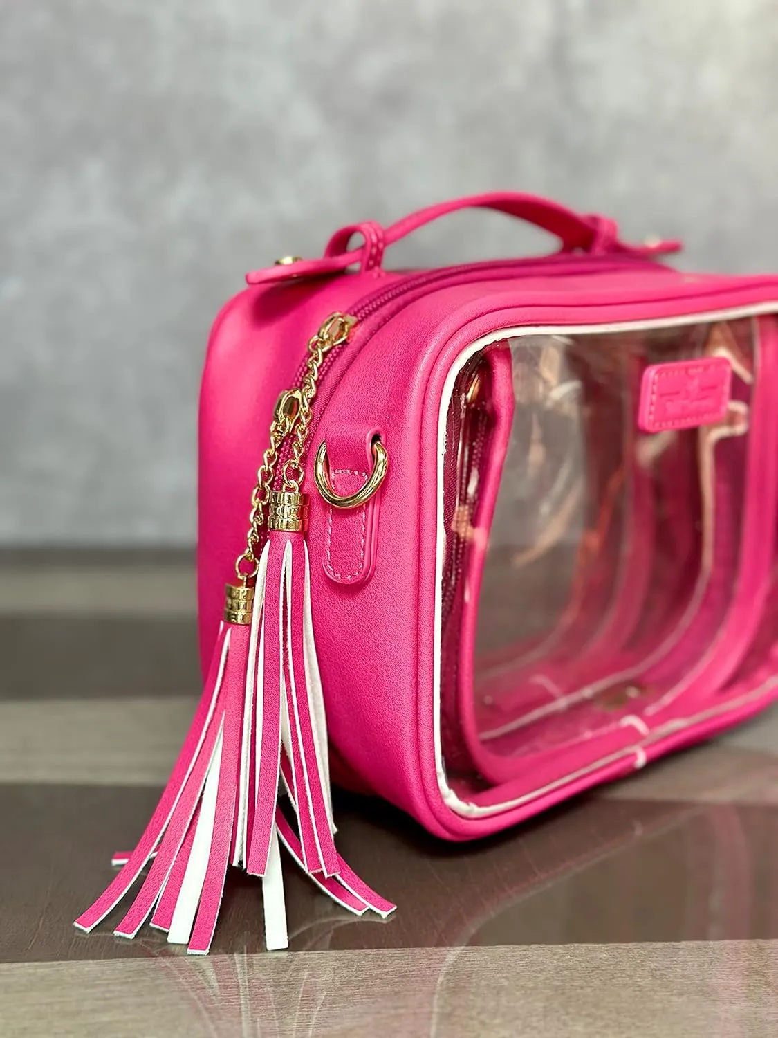 Clear Convertible Makeup Bag, Cosmetic Case, Toiletry Bag, Crossbody Bag with Leather and Chain Strap (Pink the Pretty)