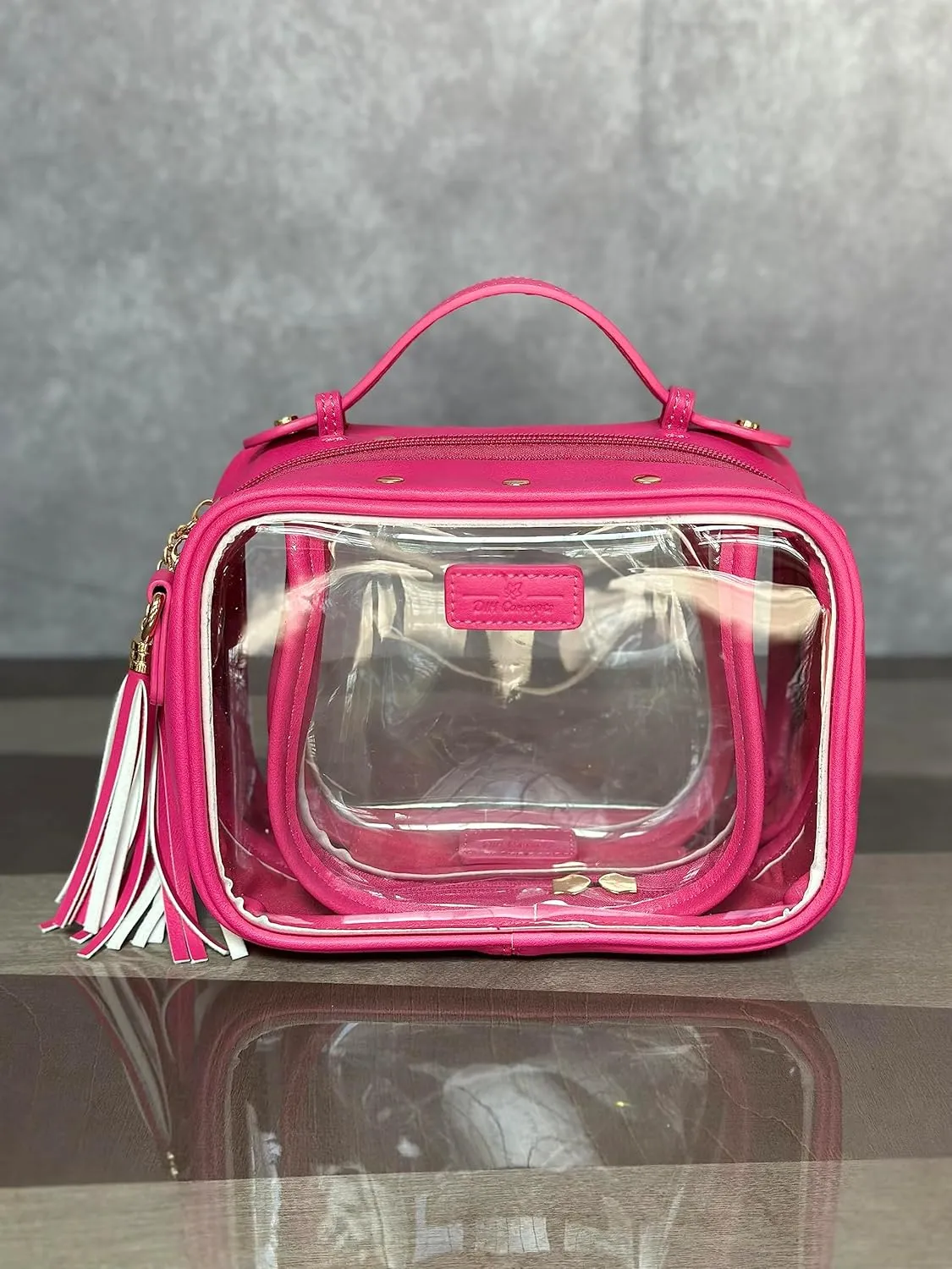 Clear Convertible Makeup Bag, Cosmetic Case, Toiletry Bag, Crossbody Bag with Leather and Chain Strap (Pink the Pretty)