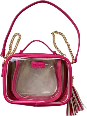 Clear Convertible Makeup Bag, Cosmetic Case, Toiletry Bag, Crossbody Bag with Leather and Chain Strap (Pink the Pretty)