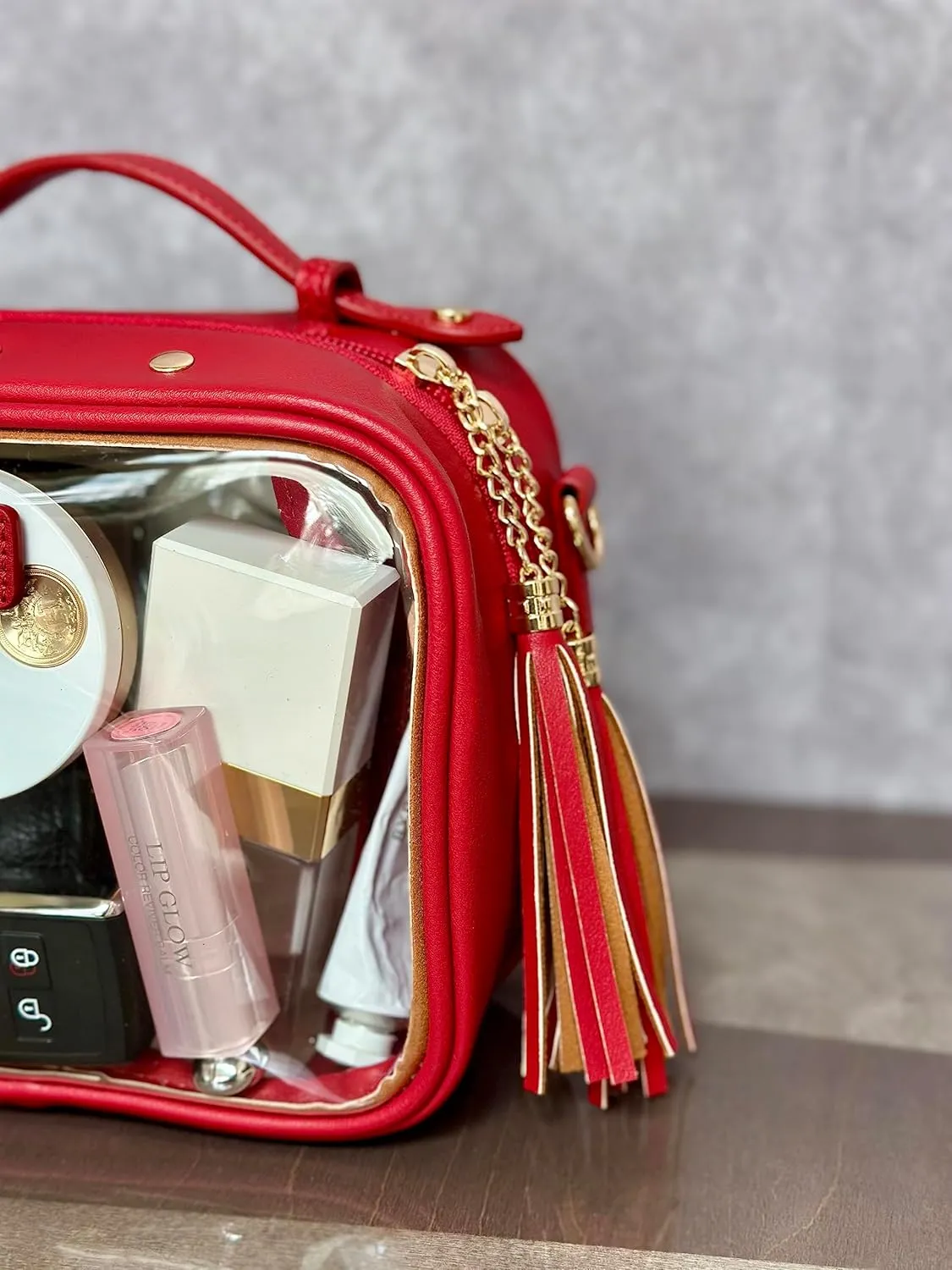 Clear Convertible Makeup Bag, Cosmetic Case, Toiletry Bag, Crossbody Bag with Leather and Chain Strap (Red the Cherry)