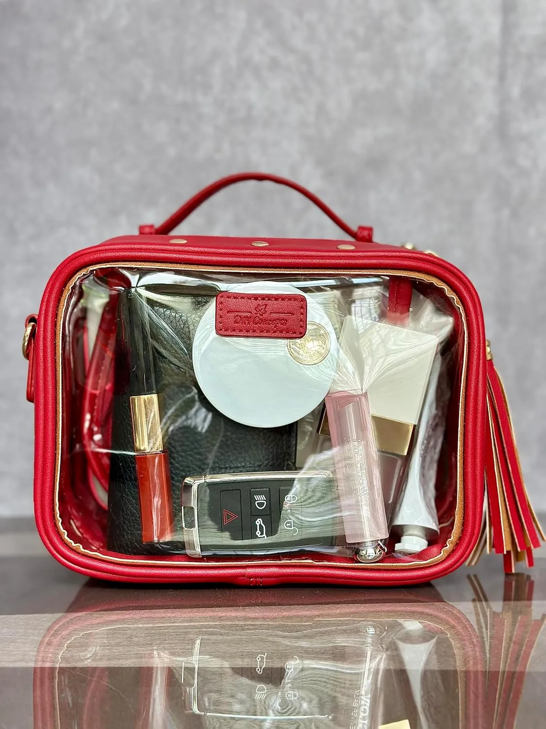 Clear Convertible Makeup Bag, Cosmetic Case, Toiletry Bag, Crossbody Bag with Leather and Chain Strap (Red the Cherry)