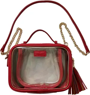 Clear Convertible Makeup Bag, Cosmetic Case, Toiletry Bag, Crossbody Bag with Leather and Chain Strap (Red the Cherry)