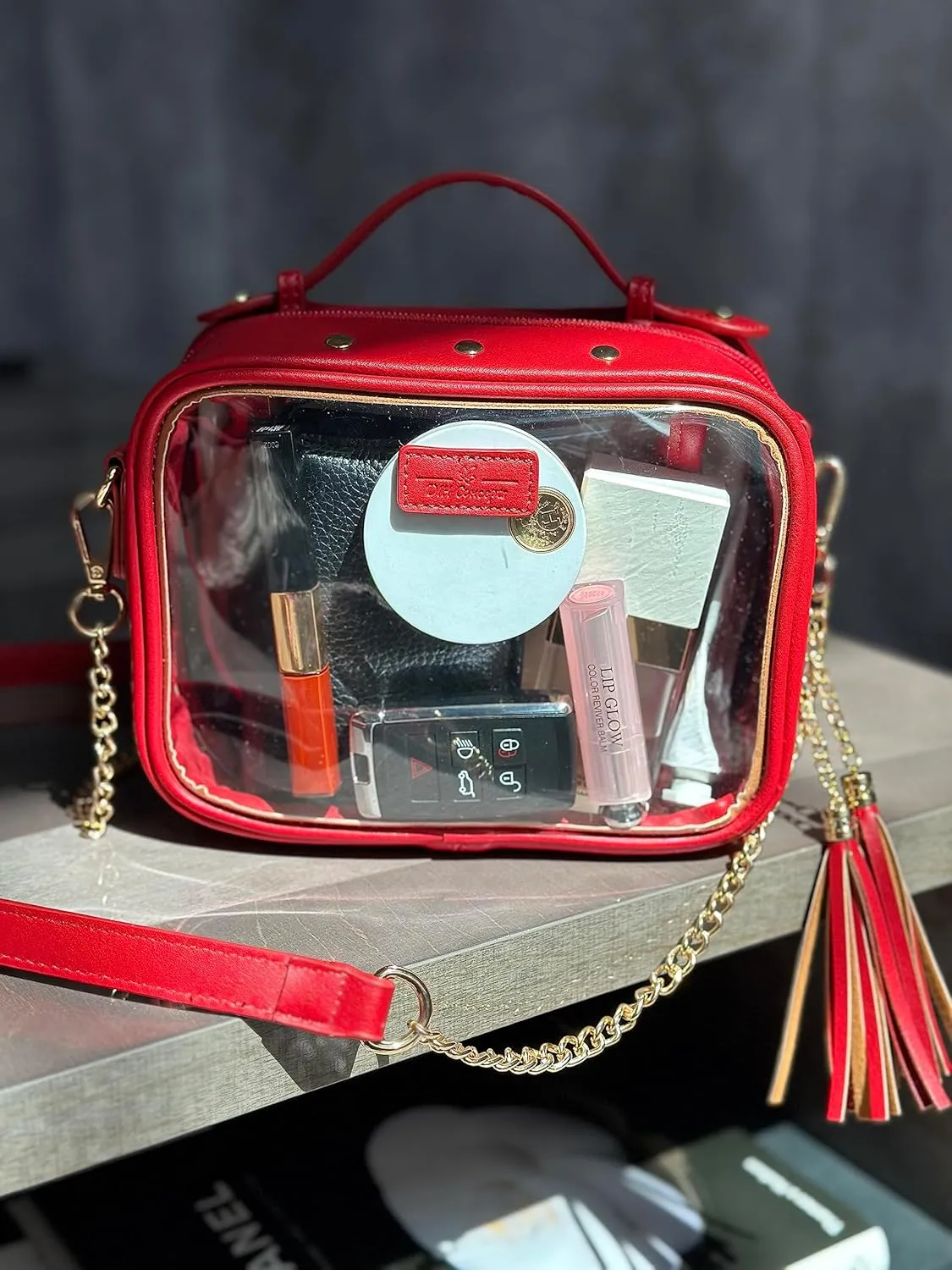 Clear Convertible Makeup Bag, Cosmetic Case, Toiletry Bag, Crossbody Bag with Leather and Chain Strap (Red the Cherry)