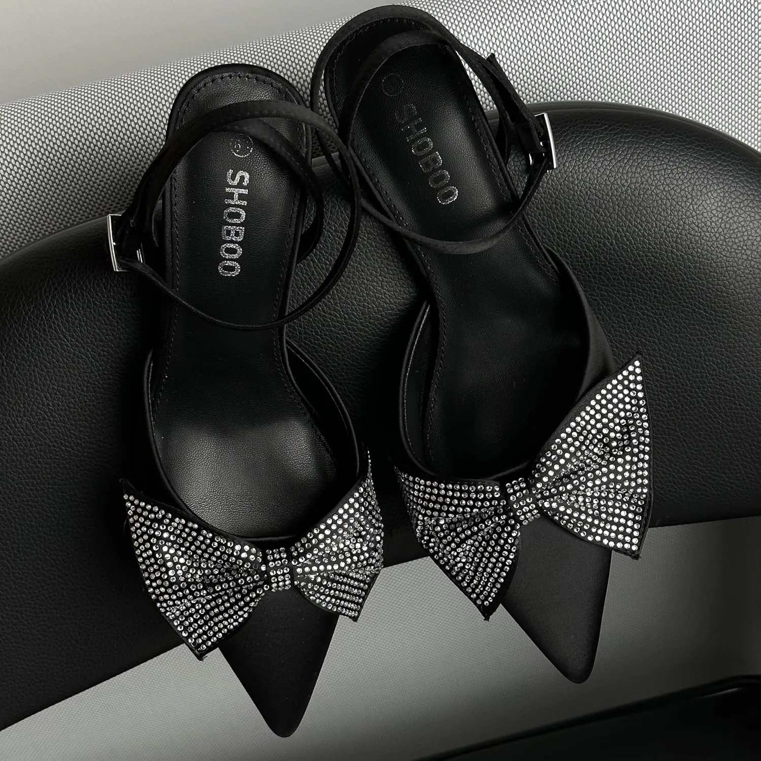 Closed Toe Butterfly Bow Heels Womens Pointed Kitten Pumps Stiletto Ankle Strappy Rhinestone Prom Party Wedding Dress Shoes