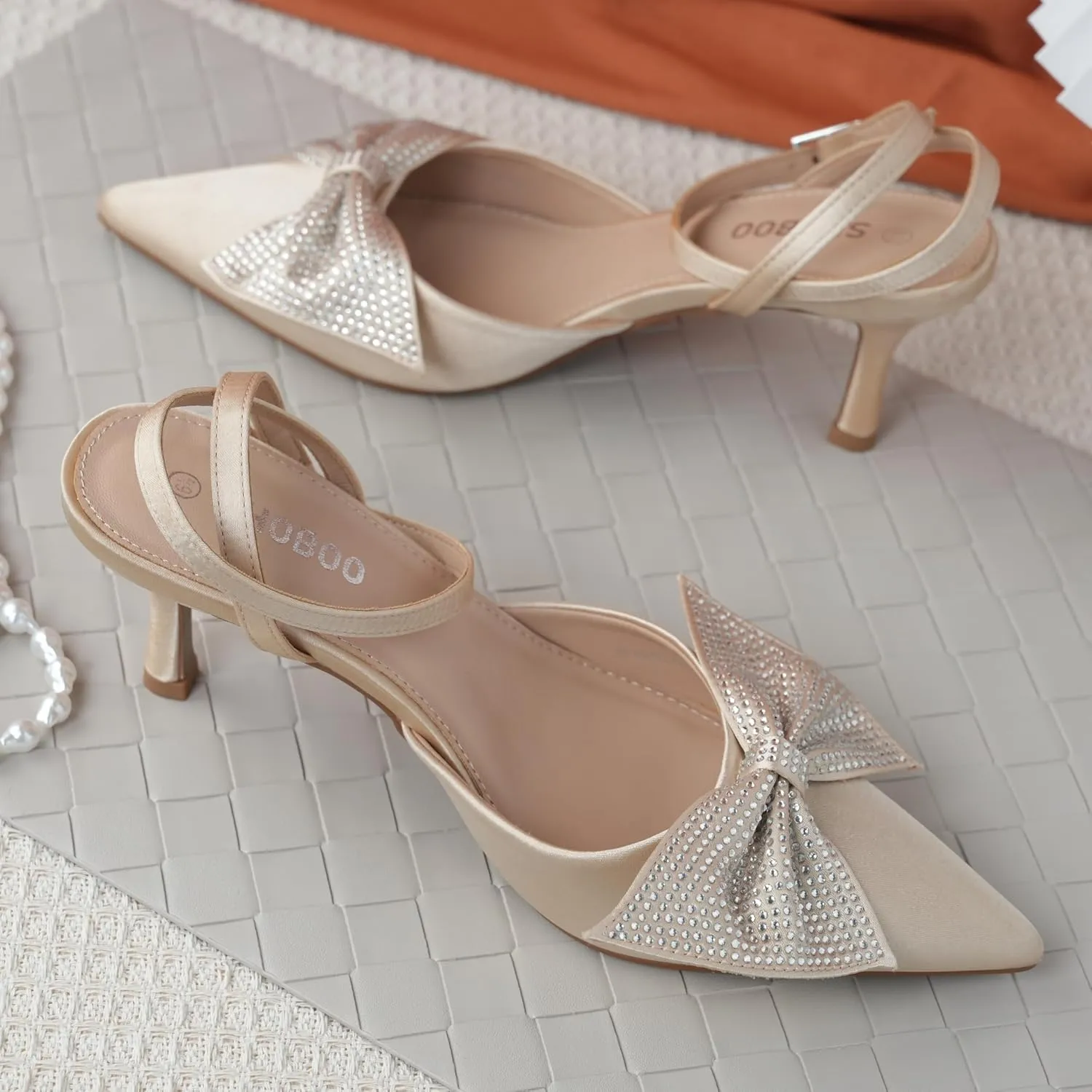 Closed Toe Butterfly Bow Heels Womens Pointed Kitten Pumps Stiletto Ankle Strappy Rhinestone Prom Party Wedding Dress Shoes