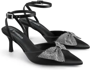 Closed Toe Butterfly Bow Heels Womens Pointed Kitten Pumps Stiletto Ankle Strappy Rhinestone Prom Party Wedding Dress Shoes
