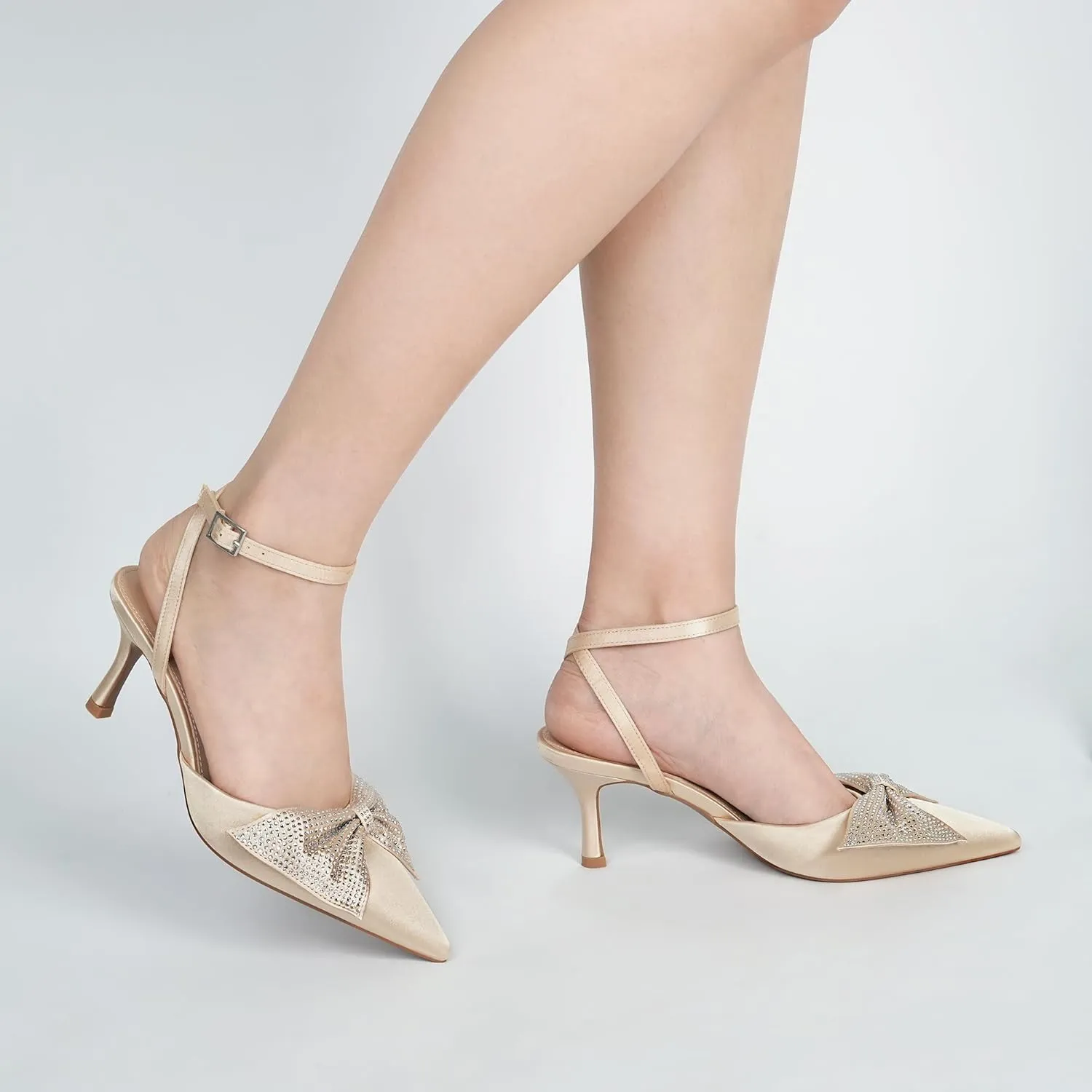 Closed Toe Butterfly Bow Heels Womens Pointed Kitten Pumps Stiletto Ankle Strappy Rhinestone Prom Party Wedding Dress Shoes