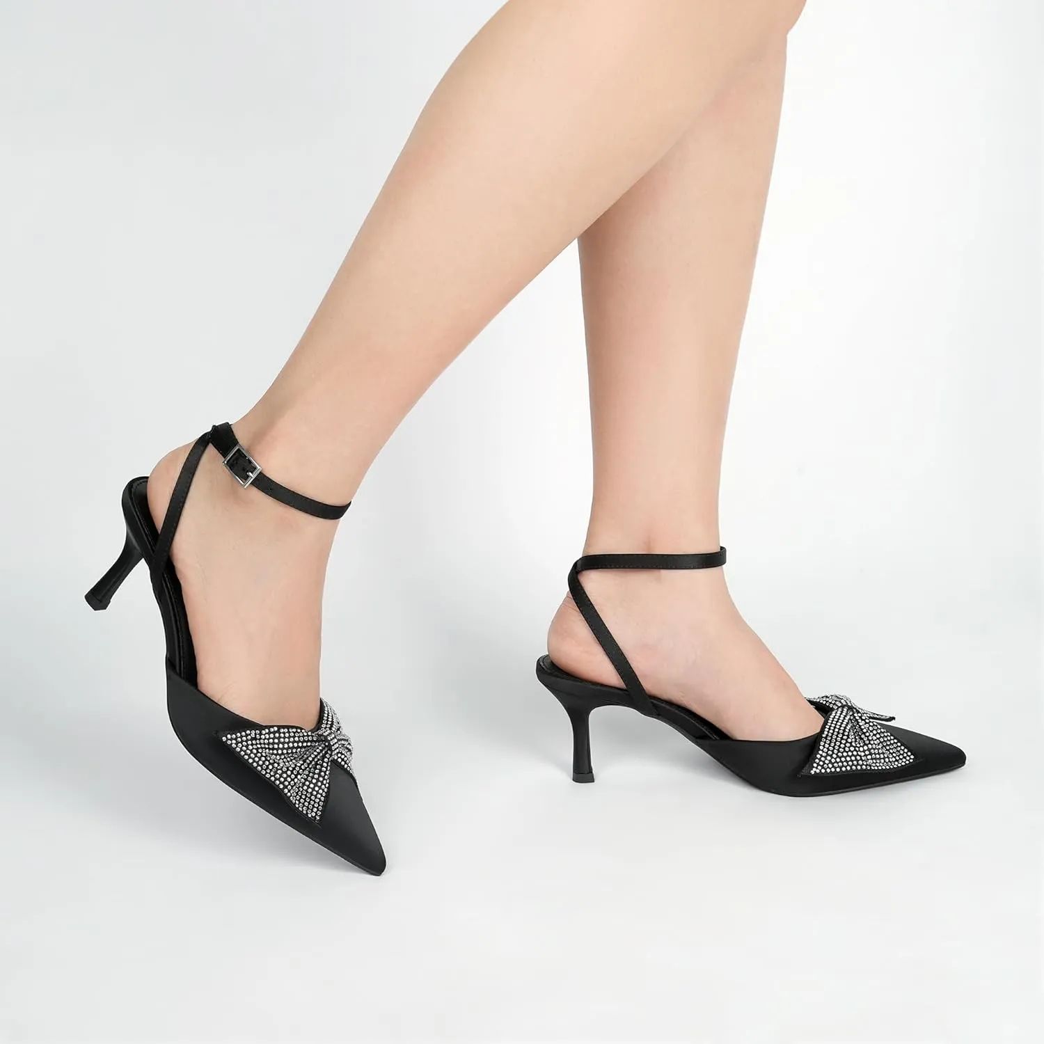 Closed Toe Butterfly Bow Heels Womens Pointed Kitten Pumps Stiletto Ankle Strappy Rhinestone Prom Party Wedding Dress Shoes