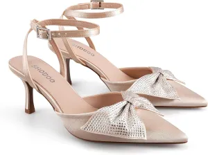 Closed Toe Butterfly Bow Heels Womens Pointed Kitten Pumps Stiletto Ankle Strappy Rhinestone Prom Party Wedding Dress Shoes
