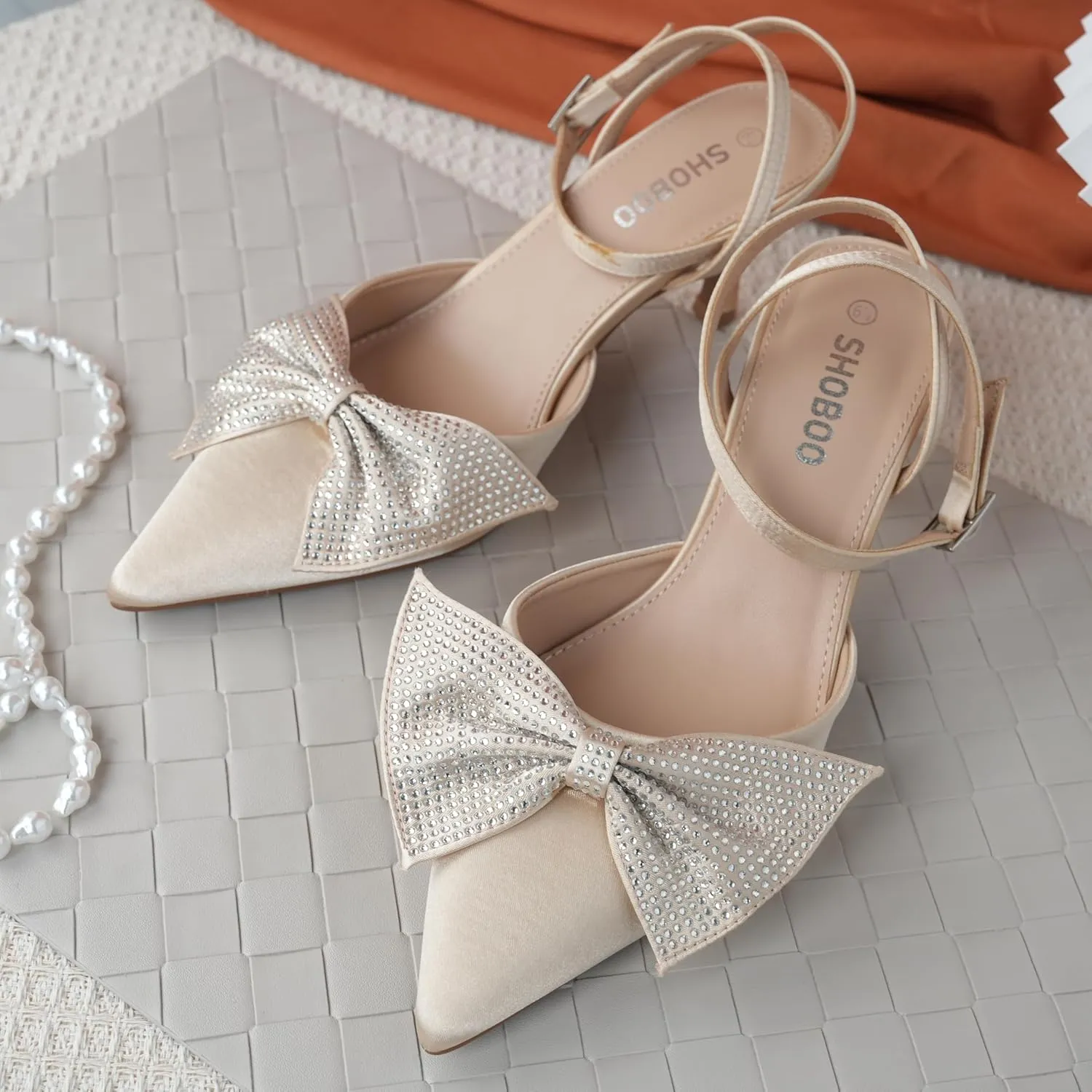 Closed Toe Butterfly Bow Heels Womens Pointed Kitten Pumps Stiletto Ankle Strappy Rhinestone Prom Party Wedding Dress Shoes