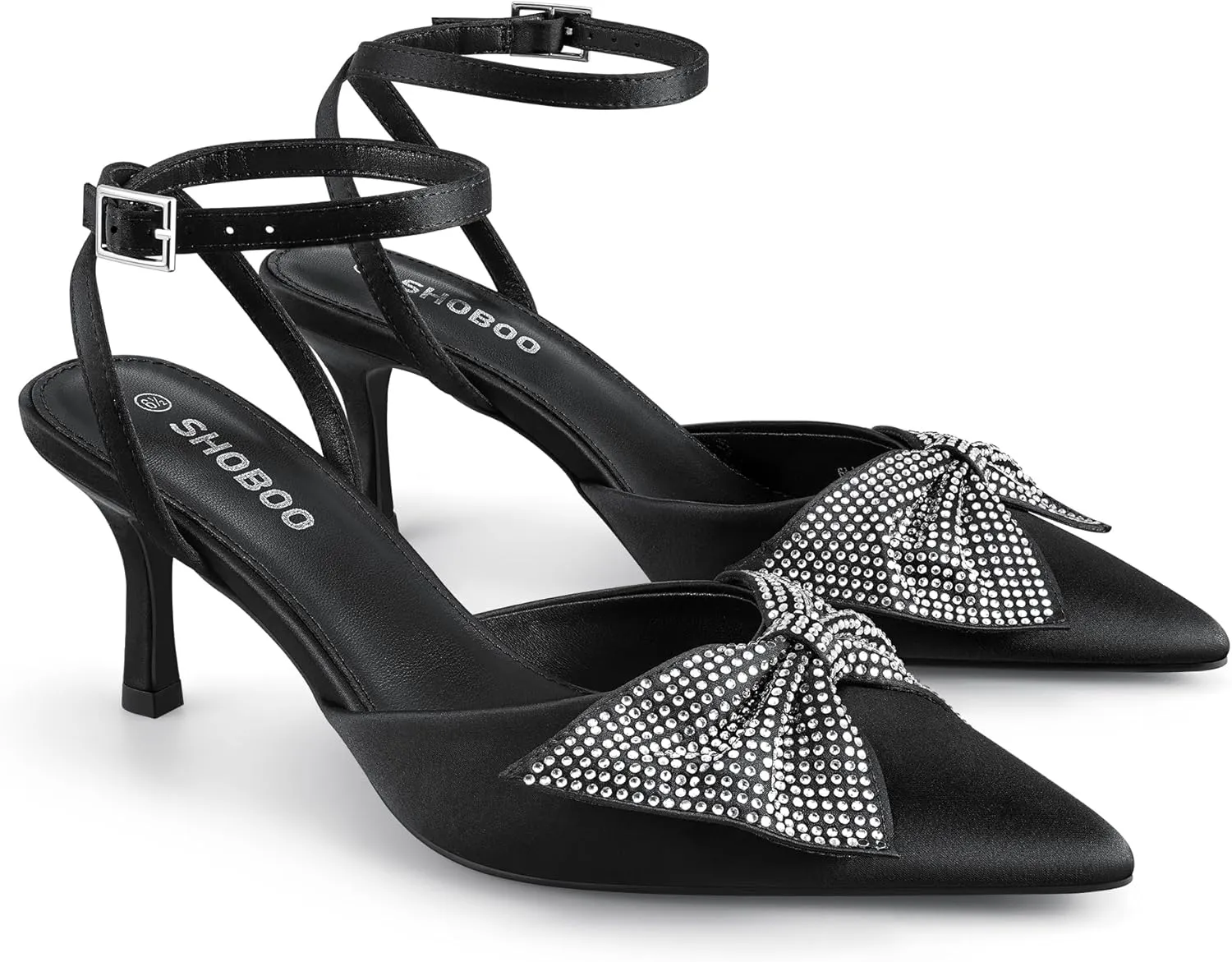 Closed Toe Butterfly Bow Heels Womens Pointed Kitten Pumps Stiletto Ankle Strappy Rhinestone Prom Party Wedding Dress Shoes