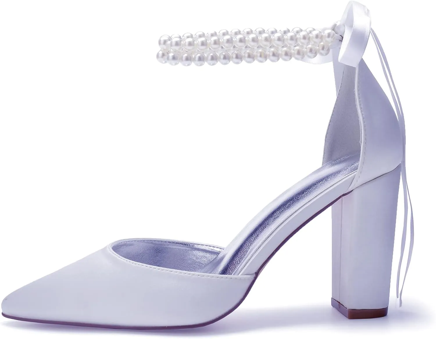 Closed Toe Pearl High Heels Satin Wedding Shoes for Bride Block Heels Bridal Shoes Prom Evening Party Dress Shoes Pumps