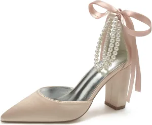 Closed Toe Pearl High Heels Satin Wedding Shoes for Bride Block Heels Bridal Shoes Prom Evening Party Dress Shoes Pumps