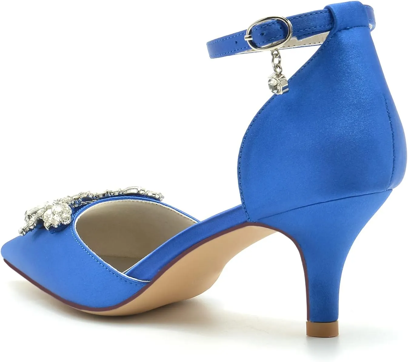 Closed Toe Satin Low Kitten Heels White Wedding Shoes for Bride Ankle Strap Rhinestones Beaded Bridal Shoes Evening Prom Party Dress Pumps for Women