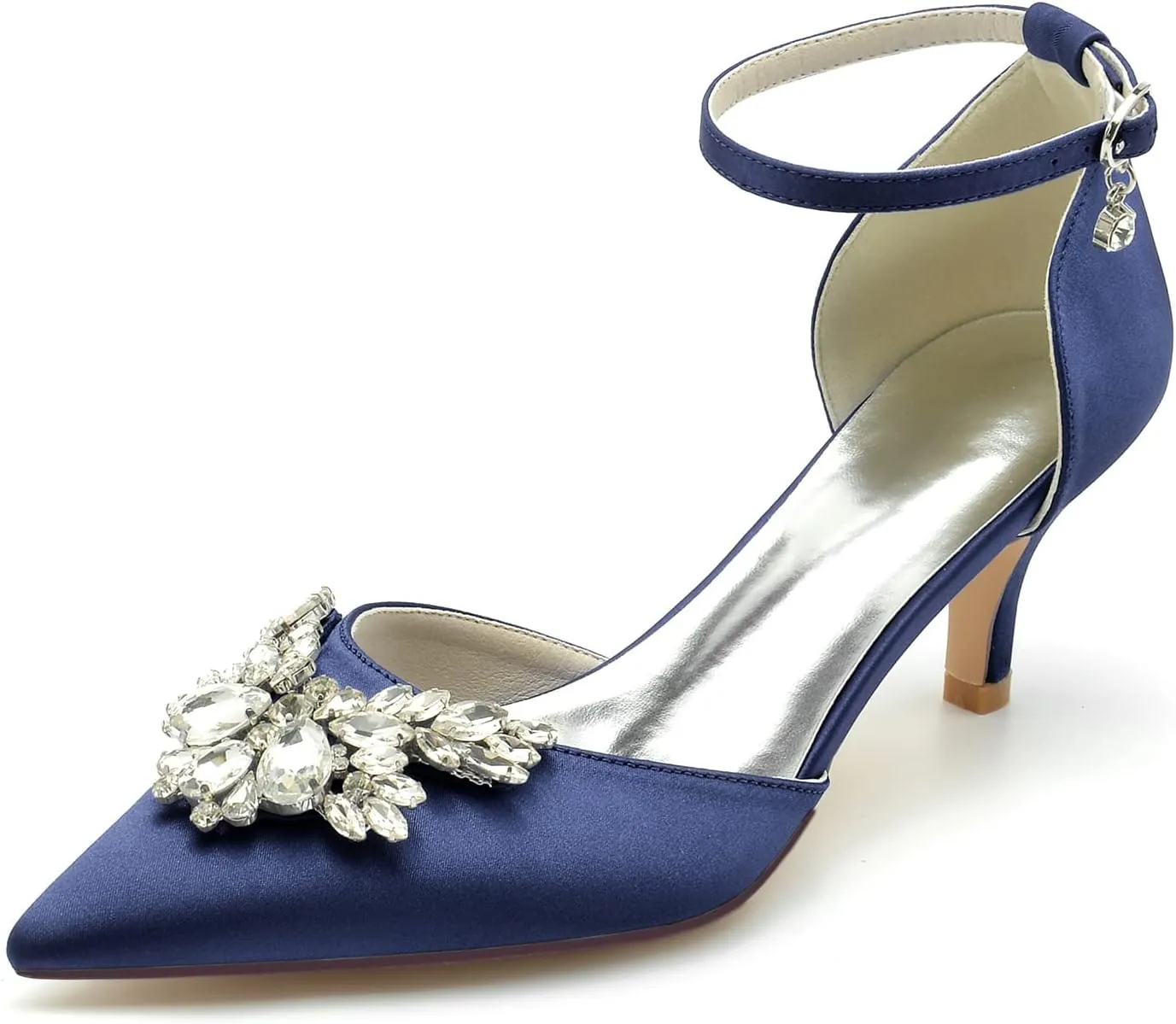 Closed Toe Satin Low Kitten Heels White Wedding Shoes for Bride Ankle Strap Rhinestones Beaded Bridal Shoes Evening Prom Party Dress Pumps for Women