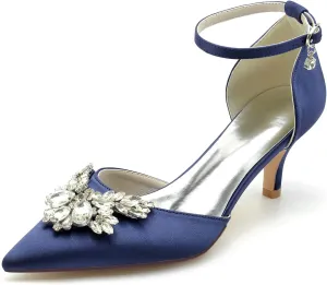 Closed Toe Satin Low Kitten Heels White Wedding Shoes for Bride Ankle Strap Rhinestones Beaded Bridal Shoes Evening Prom Party Dress Pumps for Women