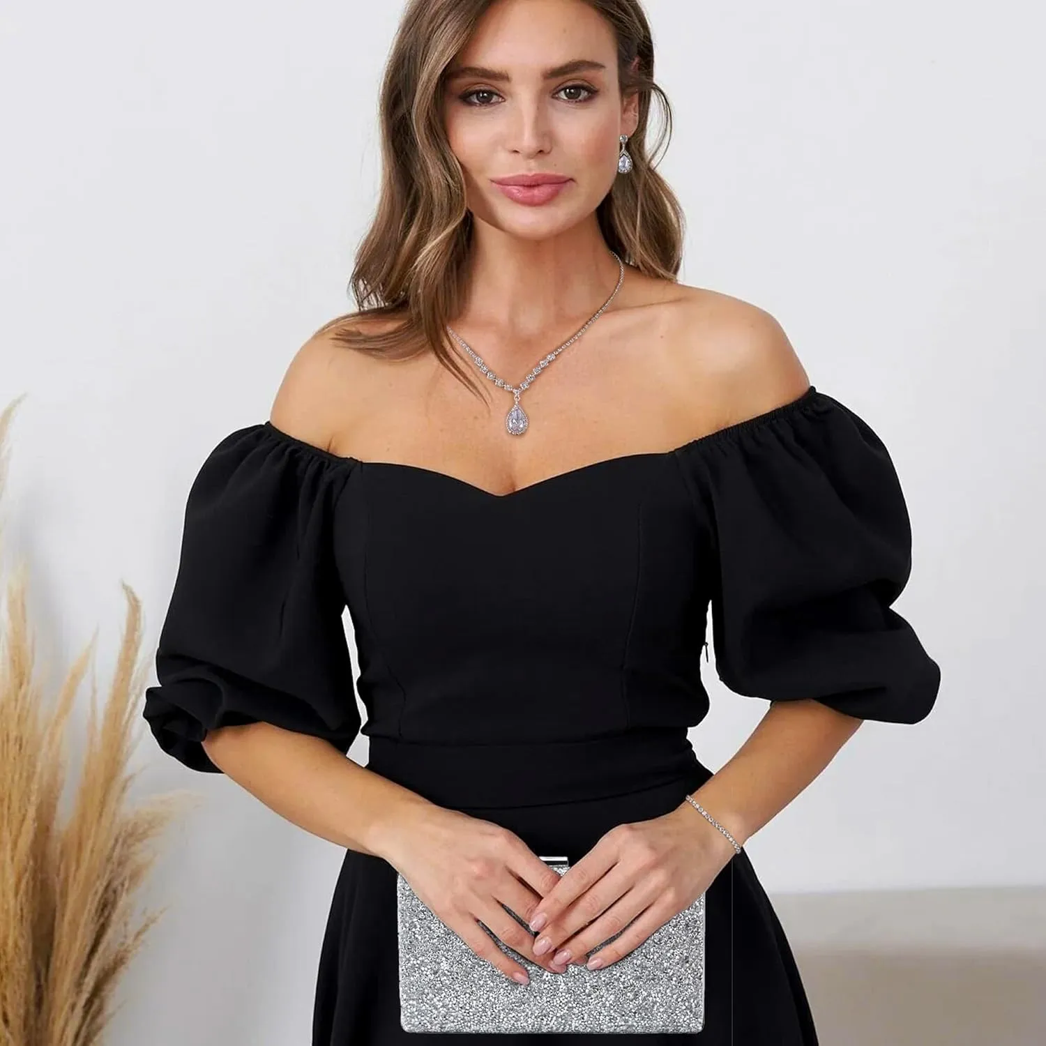 Clutch Purse Jewelry Set for Women Evening Bags Silver Gold Rhinestone Crystal Necklace Earrings Bracelet Set Formal Wedding Bridal Accessories Jewelry for Prom