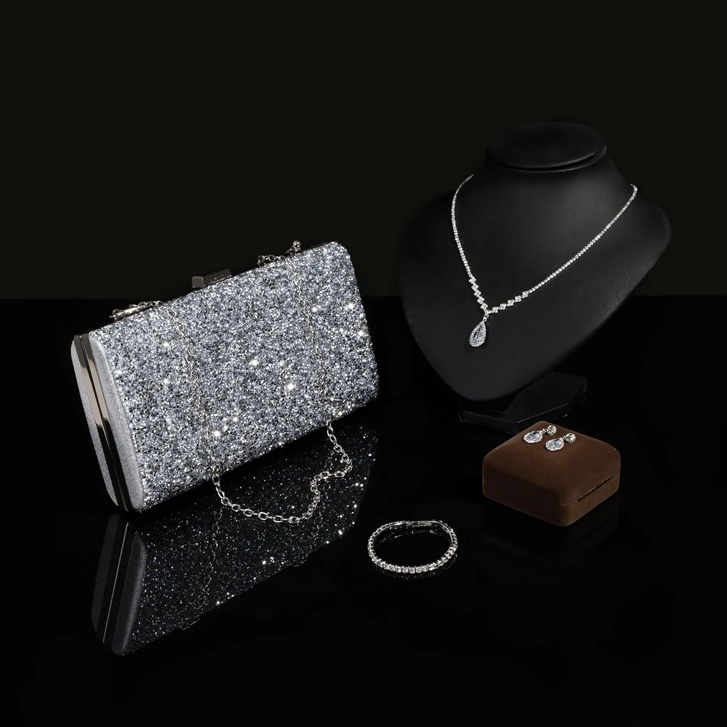 Clutch Purse Jewelry Set for Women Evening Bags Silver Gold Rhinestone Crystal Necklace Earrings Bracelet Set Formal Wedding Bridal Accessories Jewelry for Prom