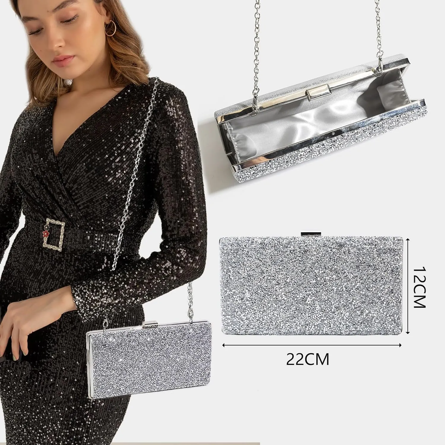 Clutch Purse Jewelry Set for Women Evening Bags Silver Gold Rhinestone Crystal Necklace Earrings Bracelet Set Formal Wedding Bridal Accessories Jewelry for Prom