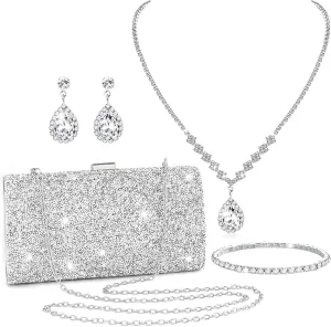 Clutch Purse Jewelry Set for Women Evening Bags Silver Gold Rhinestone Crystal Necklace Earrings Bracelet Set Formal Wedding Bridal Accessories Jewelry for Prom