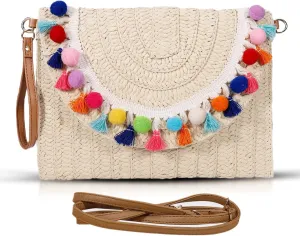 Clutch Purses for Women, Straw Beach Bag, Colorful fur balls and tassels Envelope Package, Bohemian Summer Handbags for Vacation, Travel
