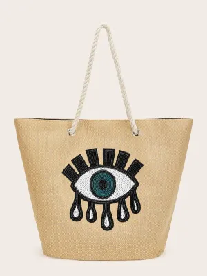 CM-BGS109717 Women Casual Seoul Style Sequin Eye Pattern Tote Bag - Apricot