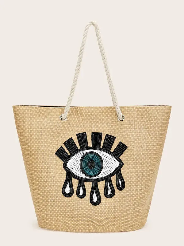 CM-BGS109717 Women Casual Seoul Style Sequin Eye Pattern Tote Bag - Apricot
