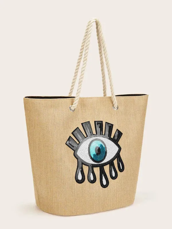 CM-BGS109717 Women Casual Seoul Style Sequin Eye Pattern Tote Bag - Apricot