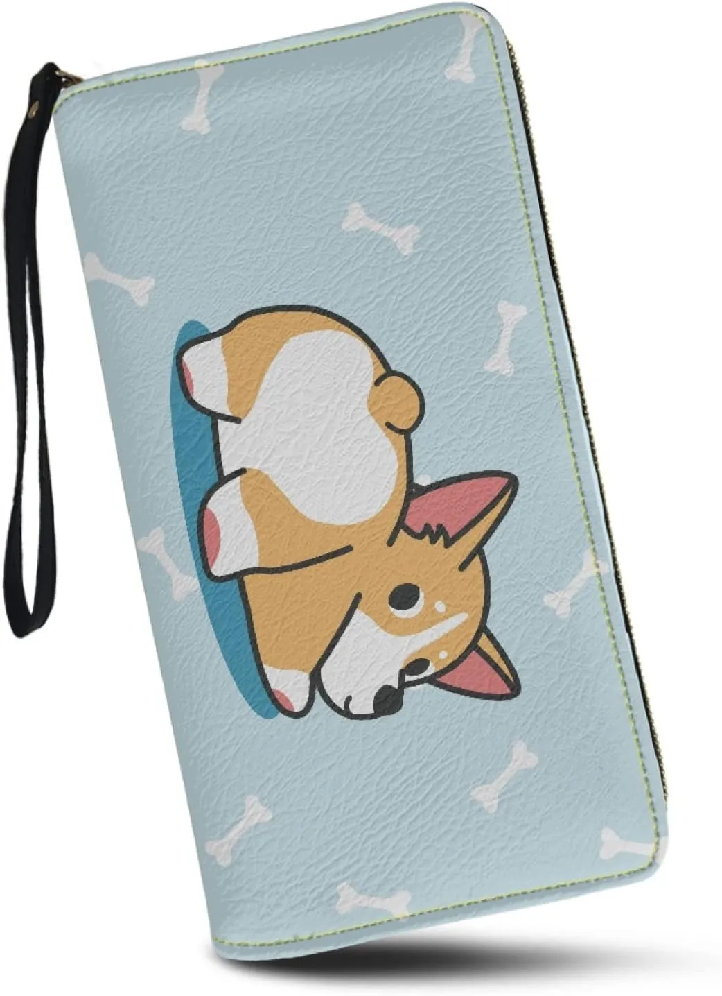 Coldinair Cute Corgi and Bone Print Wallets for Women,PU Leather Cell Phone Credit Card Holder Zipper Clutch Purse with Wristlet for Ladies Girls,Blue