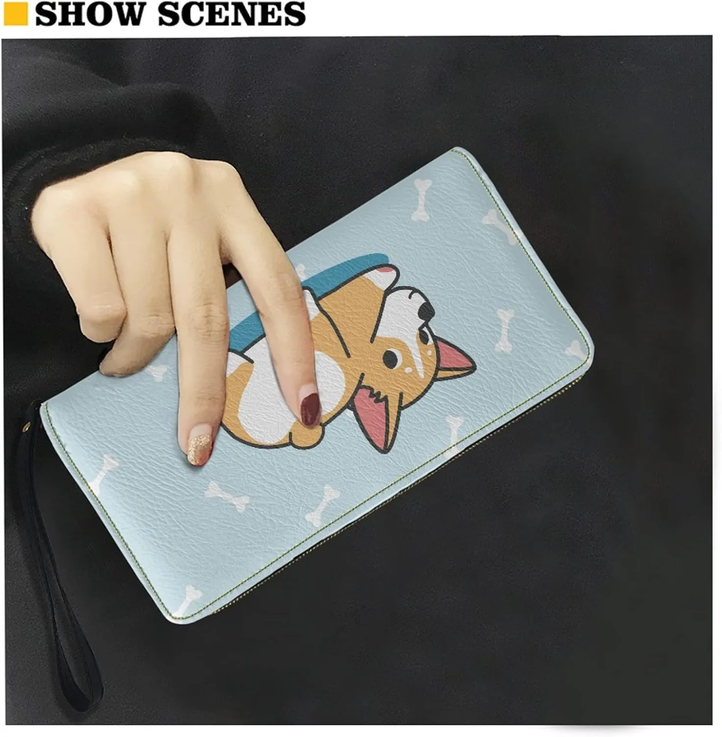 Coldinair Cute Corgi and Bone Print Wallets for Women,PU Leather Cell Phone Credit Card Holder Zipper Clutch Purse with Wristlet for Ladies Girls,Blue