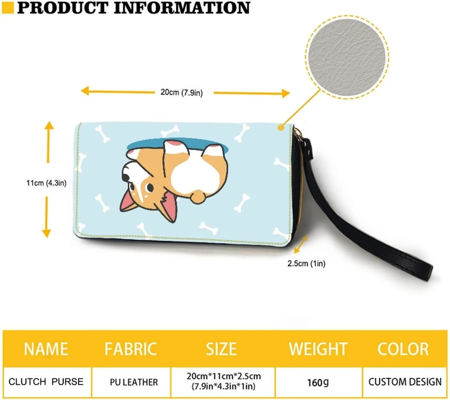 Coldinair Cute Corgi and Bone Print Wallets for Women,PU Leather Cell Phone Credit Card Holder Zipper Clutch Purse with Wristlet for Ladies Girls,Blue