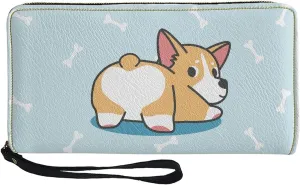 Coldinair Cute Corgi and Bone Print Wallets for Women,PU Leather Cell Phone Credit Card Holder Zipper Clutch Purse with Wristlet for Ladies Girls,Blue