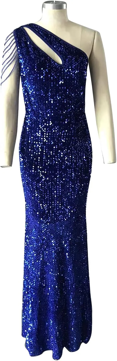 Cololura Women Sequin Elegant Sexy One Shoulder Tassel Mermaid Bodycon Cocktail Evening Dress