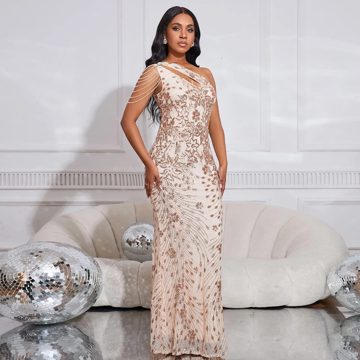 Cololura Women Sequin Elegant Sexy One Shoulder Tassel Mermaid Bodycon Cocktail Evening Dress