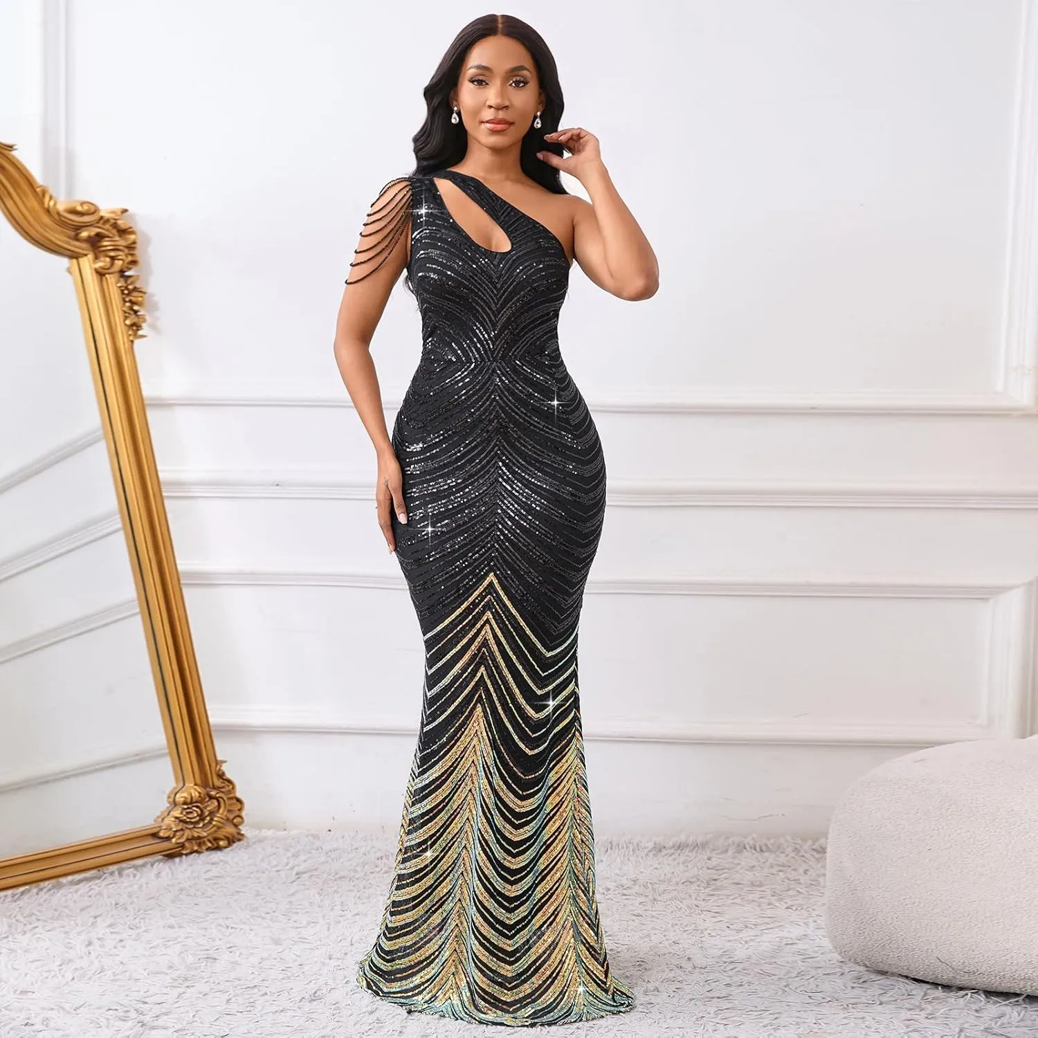 Cololura Women Sequin Elegant Sexy One Shoulder Tassel Mermaid Bodycon Cocktail Evening Dress