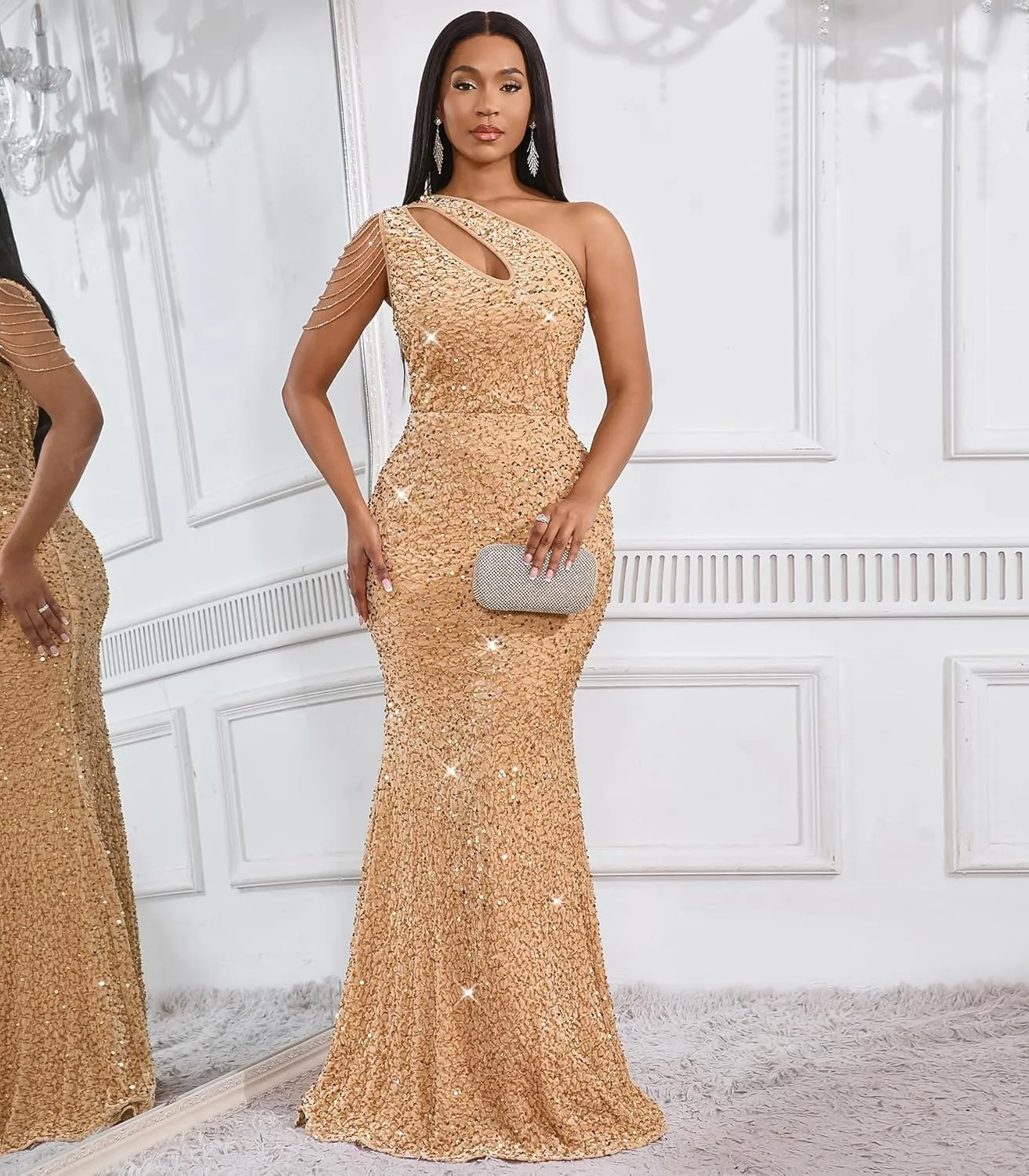 Cololura Women Sequin Elegant Sexy One Shoulder Tassel Mermaid Bodycon Cocktail Evening Dress