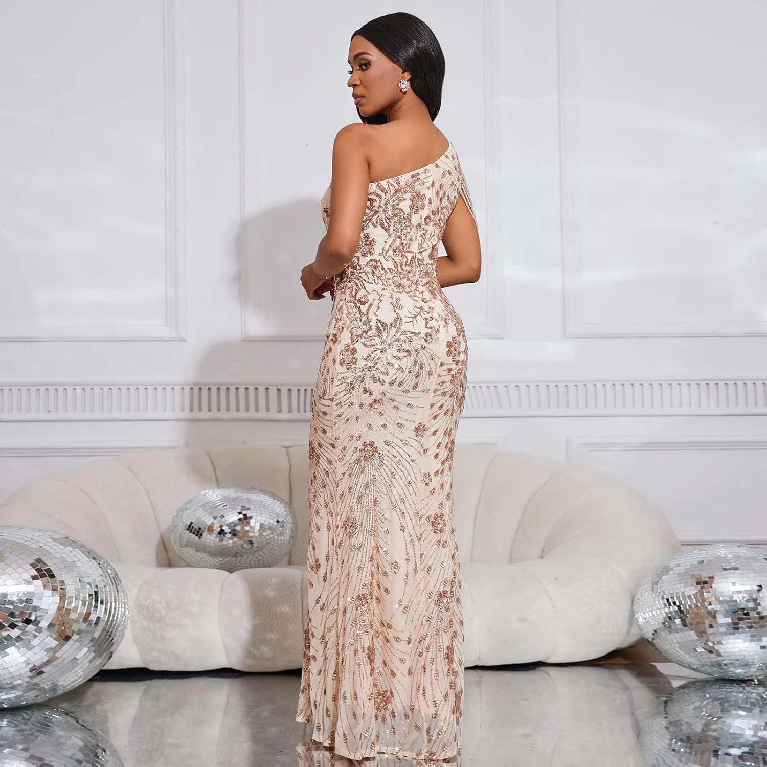 Cololura Women Sequin Elegant Sexy One Shoulder Tassel Mermaid Bodycon Cocktail Evening Dress