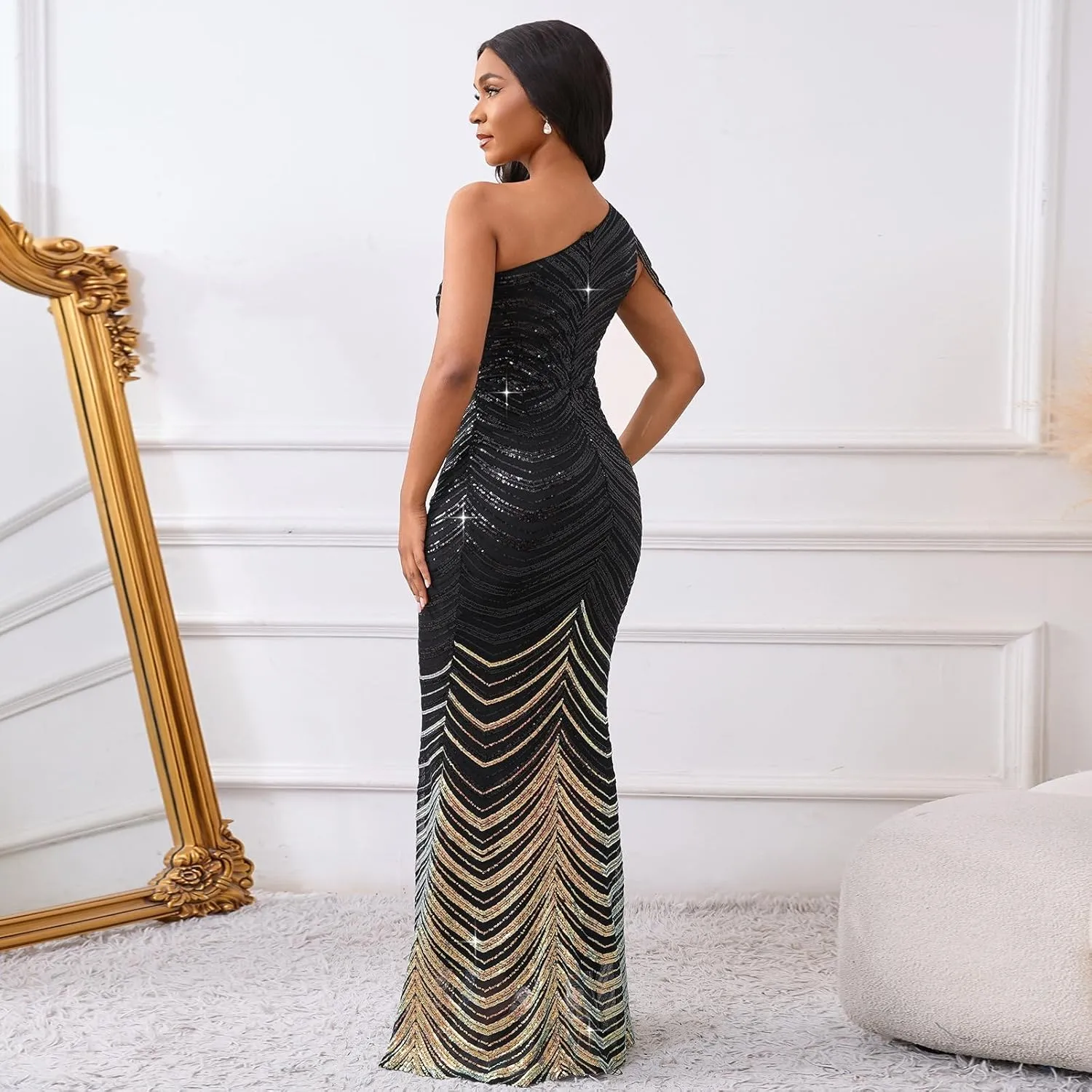 Cololura Women Sequin Elegant Sexy One Shoulder Tassel Mermaid Bodycon Cocktail Evening Dress